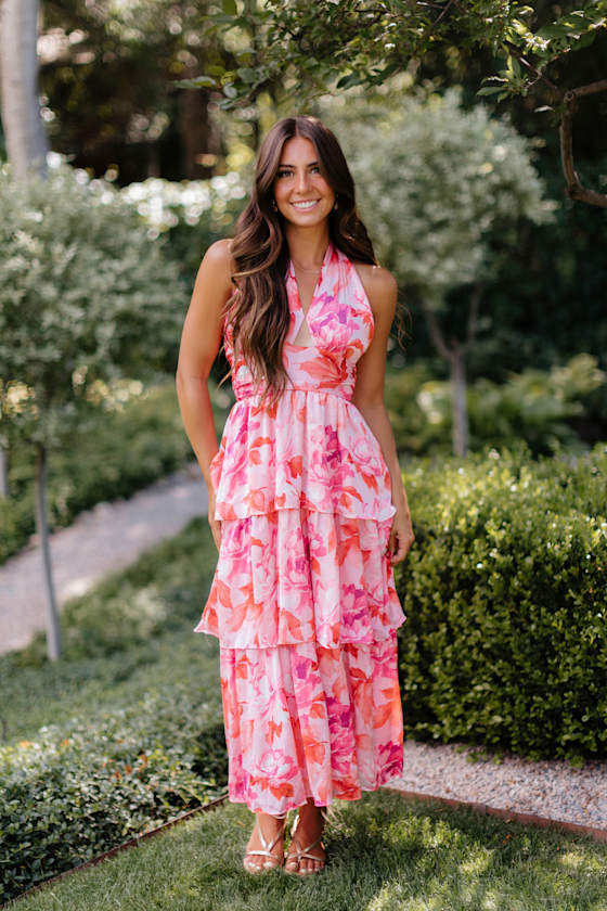 ルルルン(pinkapril) Pink Floral Midi Dress - Tiered Floral Dress - Halter Floral Midi
