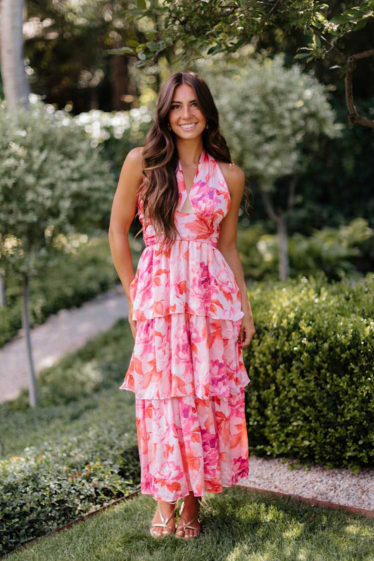 florals dress to impress Pink Floral Print Strapless Ball Gown Prom  FP009  vigocouture 100% Polyester Knit 39.00 Top Of Shoulder To Hem Model is 59.5 / 177cm Your dress should be a perfect fit. Angel Maternity In Bloom Above