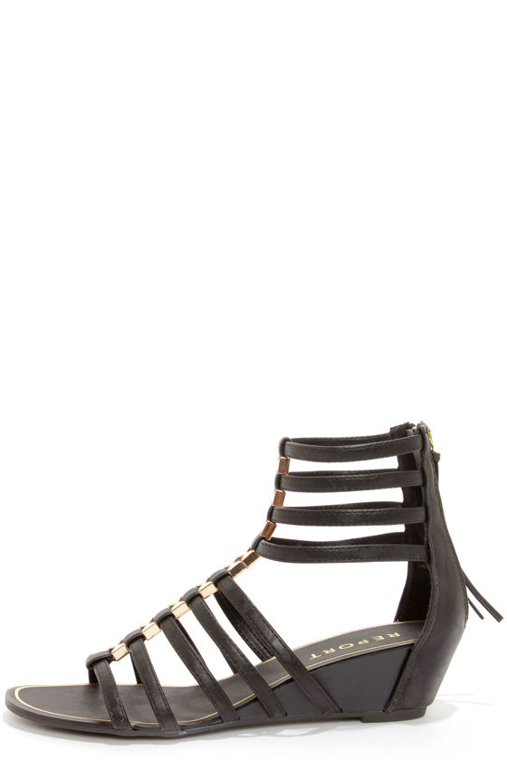 Report Megan Black Caged Wedge Gladiator Sandals