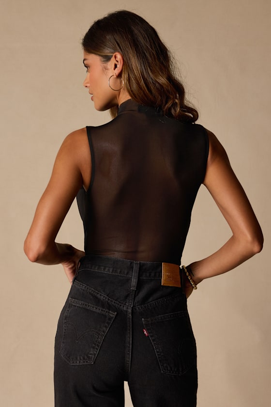 Salma Black Mesh Cowl Sleeveless Bodysuit 2
