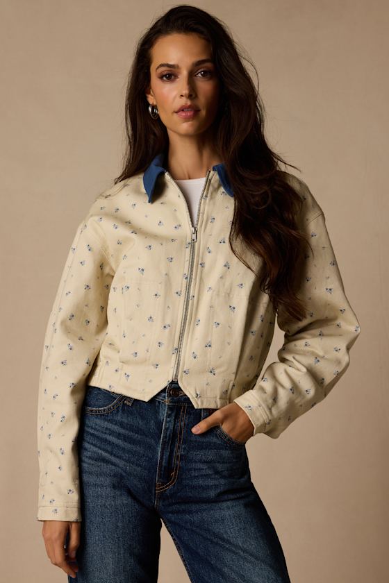 Pomelina Cream Floral Twill Collared Jacket 6