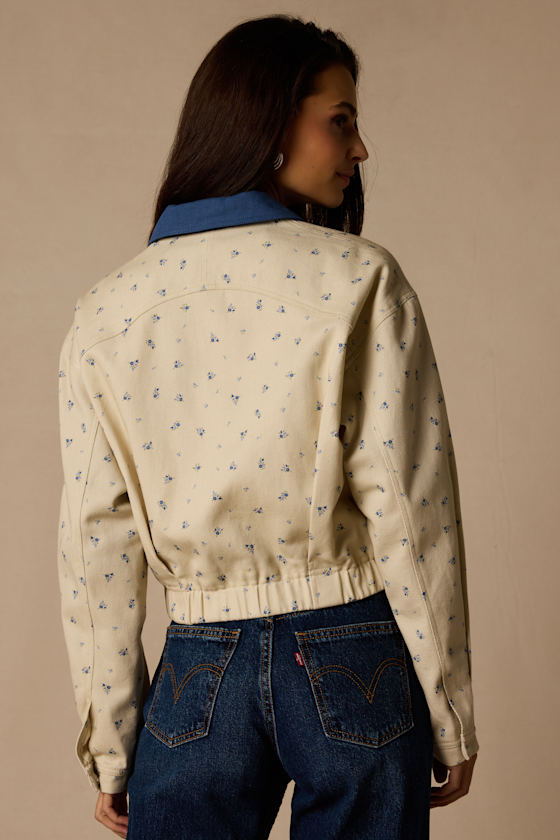 Pomelina Cream Floral Twill Collared Jacket - thumbnail 4