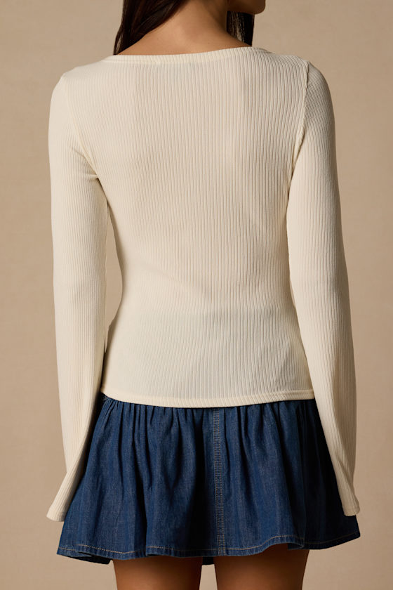 Maelis Ivory Ribbed Knit Long Sleeve Boat Neck Top 6