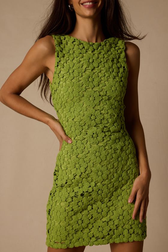 Jazlene Bright Green Crochet Knit Mini Dress - thumbnail 5