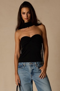 Genevieve Black Mesh Sash Scarf Strapless Top 6