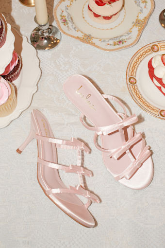 Millie Blush Satin Strappy Bow High Heel Slide Sandals 1