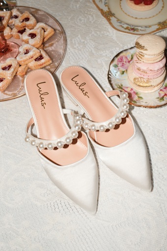Hershie White Satin Pearl Pointed-Toe Mule Slides 1