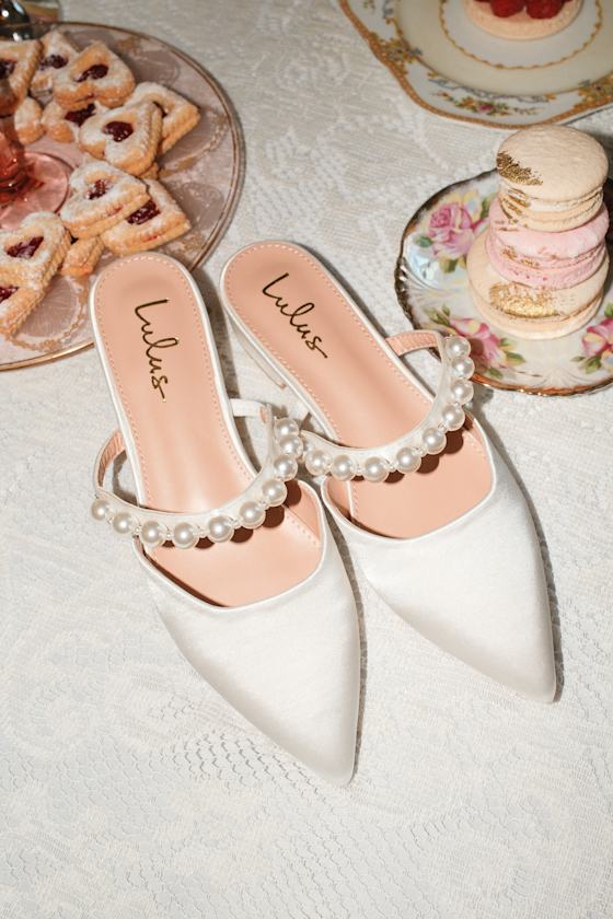 Hershie White Satin Pearl Pointed-Toe Mule Slides 1