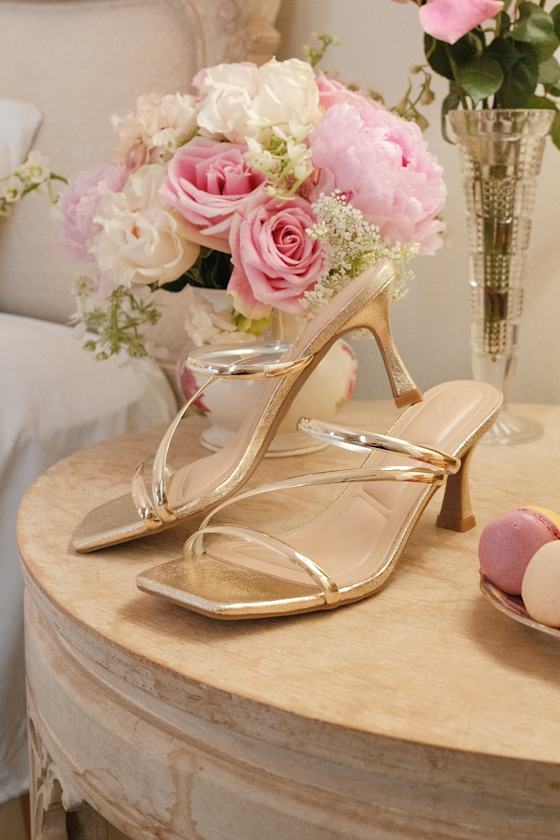 Vian Gold Metallic Strappy High Heel Slide Sandals 1