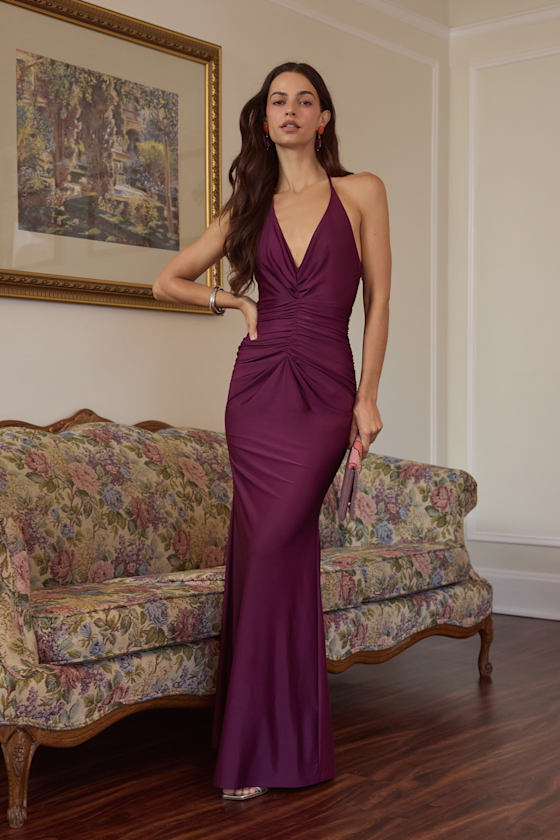 Zaniya Plum Ruched Halter Maxi Dress 1