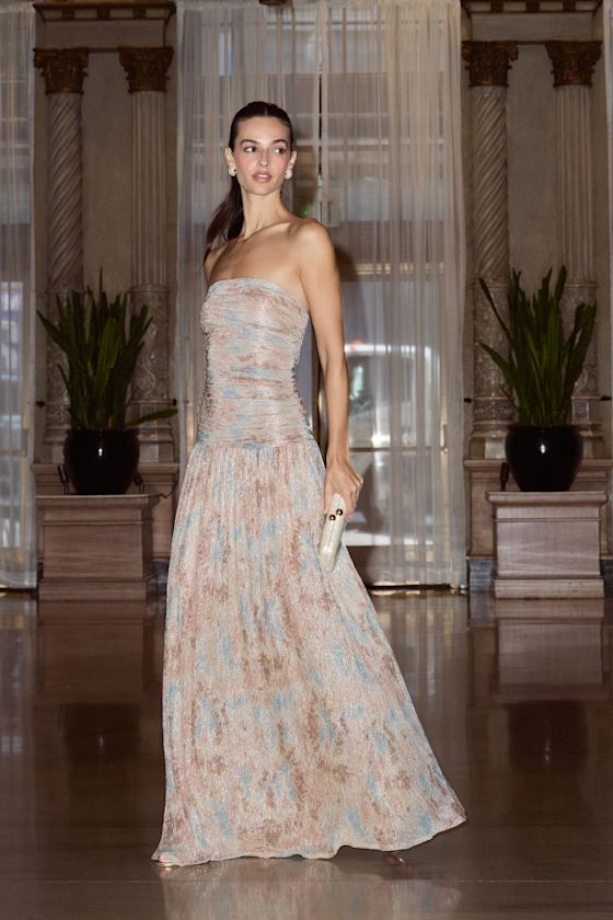 Image of Aubriana Light Brown Multi Abstract Lurex Maxi Dress