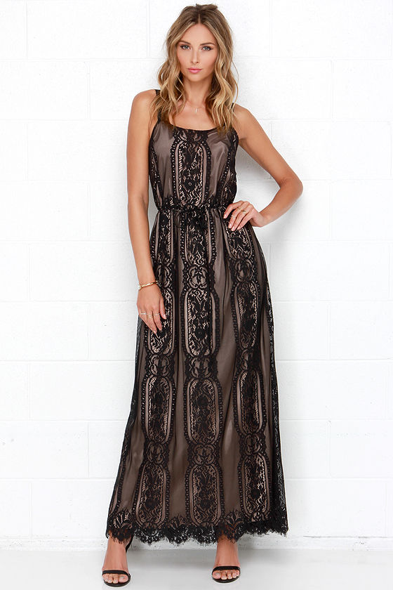 black lace over beige dress