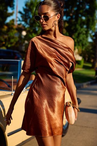 Maralina Rust Satin Asymmetrical Mini Dress 1