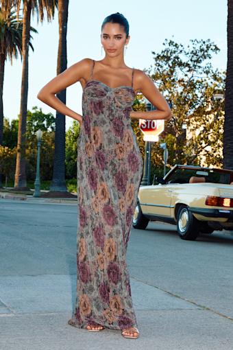 Kendlyn Taupe Multi Floral Plisse Maxi Dress 1