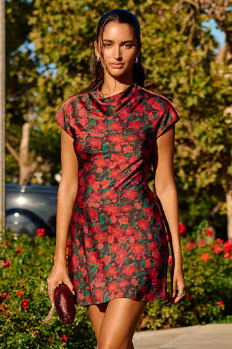 Ariya Red Multi Floral Satin Mock Neck Mini Dress 1