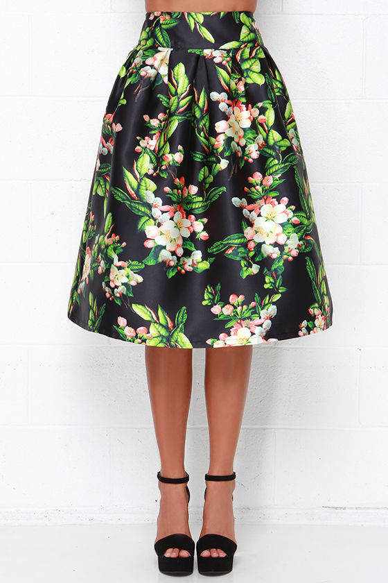 Lovely Black Skirt - Floral Print Skirt - Pleated Skirt - $84.00