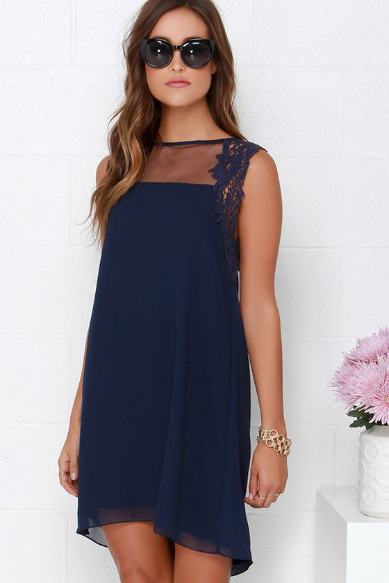 Mesh and Lace Dress Navy Blue Dress Shift Dress 64.00 Lulus