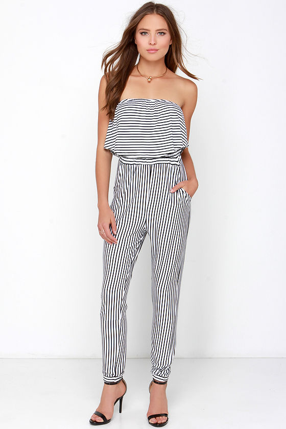 Chic Black And Ivory Striped Jumpsuit Strapless Jumpsuit Knit