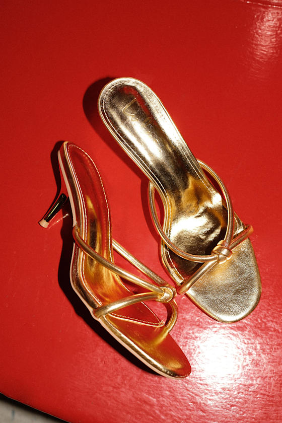 Victoire Gold Knotted Strappy High Heel Slide Sandals 2