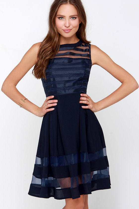 Chic Midi Dress - Navy Blue Dress - Organza Dress