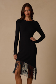Lilyrose Black Asymmetrical Fringe Sweater Dress 2