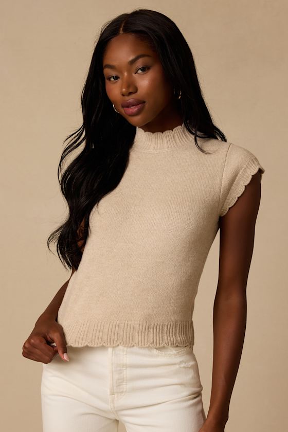 Tilda Beige Cap Sleeve Scalloped Sweater Top 1