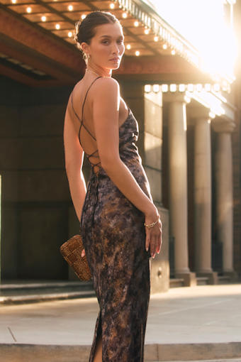Sheeva Shiny Brown Multi Abstract Satin Lace-Up Maxi Dress 1