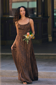 Ashyr Brown Satin Jacquard Pleated Maxi Dress 1