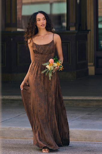 Ashyr Brown Satin Jacquard Pleated Maxi Dress 1