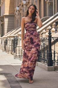Mykala Mauve Abstract Pleated Strapless Maxi Dress 1