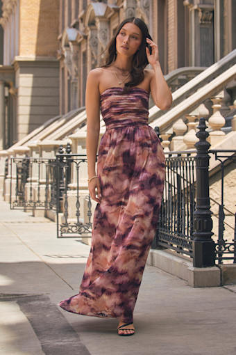 Mykala Mauve Abstract Pleated Strapless Maxi Dress 1