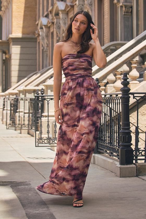 Mykala Mauve Abstract Pleated Strapless Maxi Dress 1
