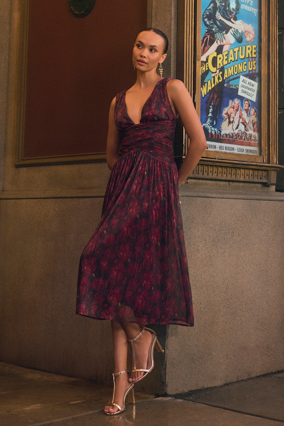 Evaluna Plum Abstract Print Lurex Pleated Midi Dress 1