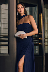 Nellie Navy Pleated Midi Dress and Scarf Set 1