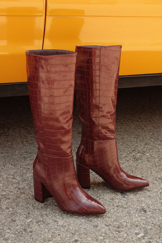 Katari Cranberry Croc Pointed-Toe Knee High Boots