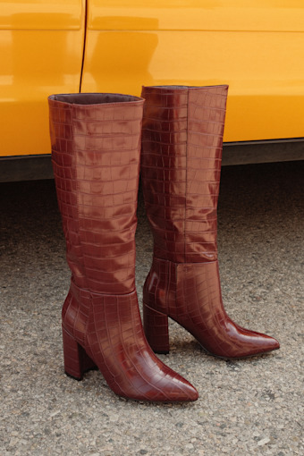Katari Cranberry Croc Pointed-Toe Knee High Boots 1