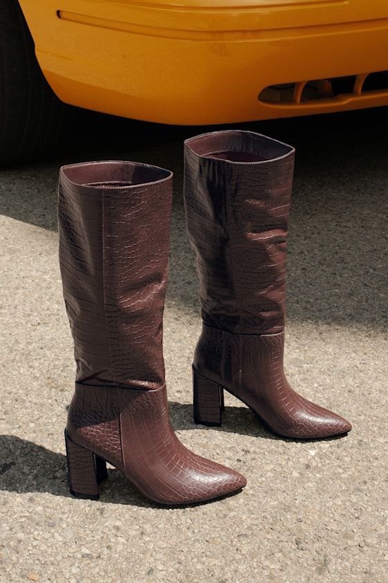 Lulus Katari Espresso Croc-Embossed Pointed-Toe Knee High Boots
