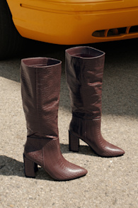 Katari Espresso Croc-Embossed Pointed-Toe Knee High Boots 1