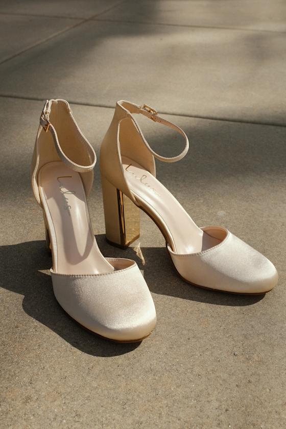 Laura Champagne Satin Ankle Strap Heels 1