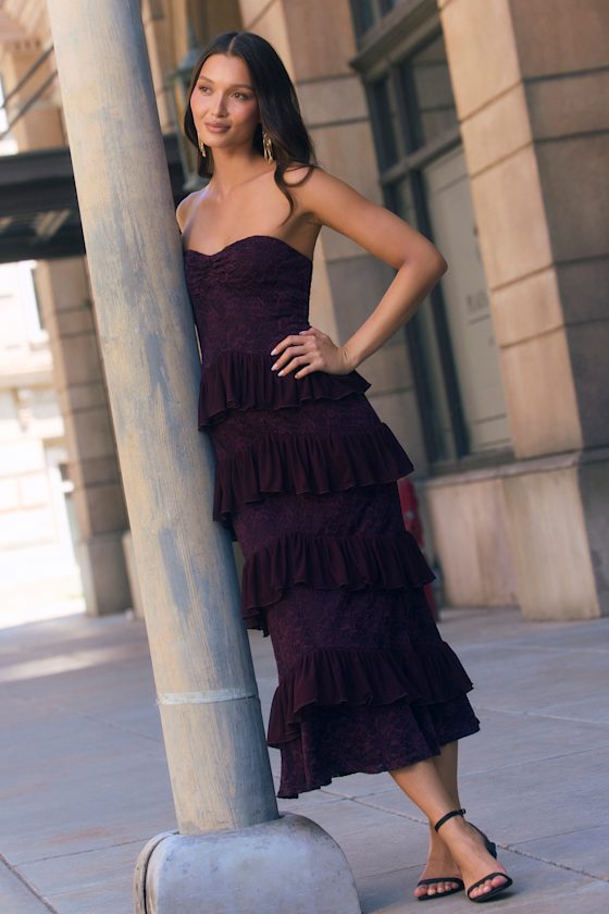 Mariena Plum Lace Tiered Midi Dress