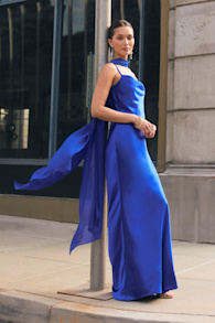 Daya Royal Blue Satin Slip Maxi Dress and Scarf Set 1