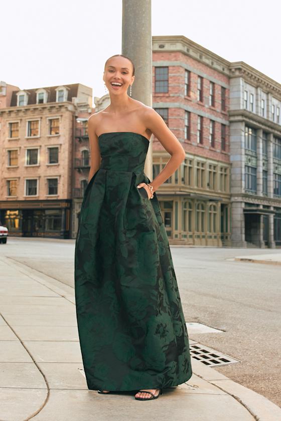 Laurelin Emerald Floral Jacquard Pleated Strapless Maxi Dress 1