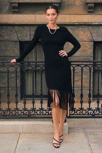 Lilyrose Black Asymmetrical Fringe Sweater Dress 1