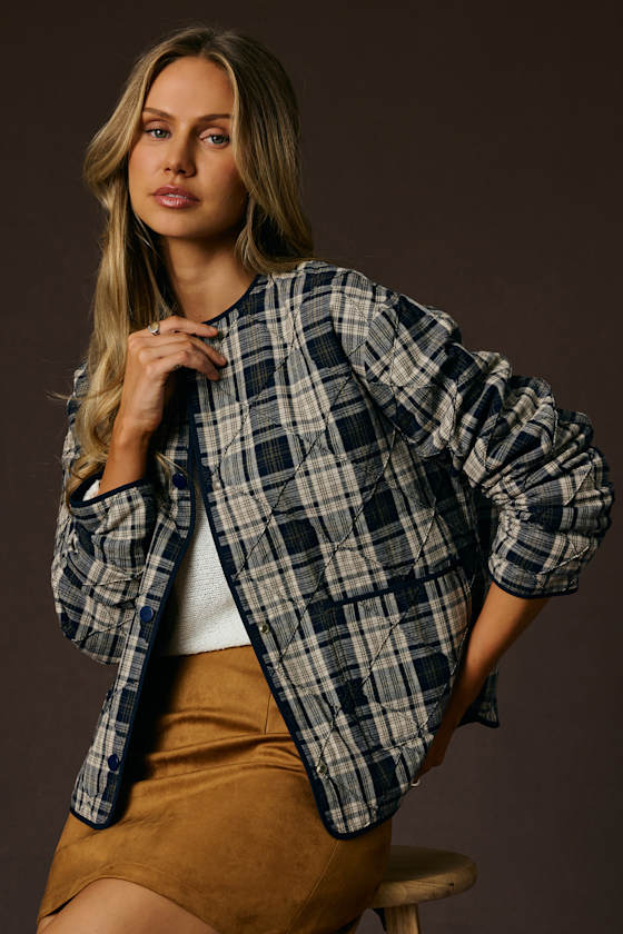 Norma Beige and Navy Plaid Quilted Jacket