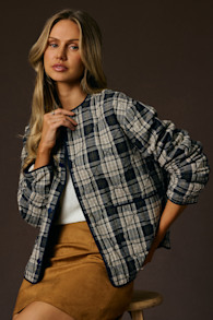 Norma Beige and Navy Plaid Quilted Jacket 1