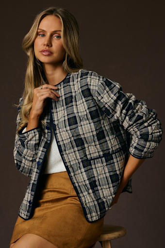 Norma Beige and Navy Plaid Quilted Jacket 1