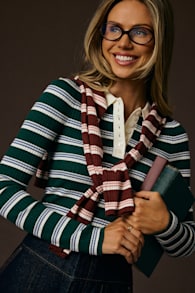 Opal Green and Blue Striped Ribbed Knit Collar Top 1