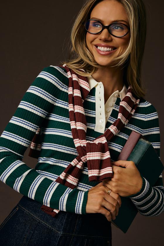 Opal Green and Blue Striped Ribbed Knit Collar Top 1