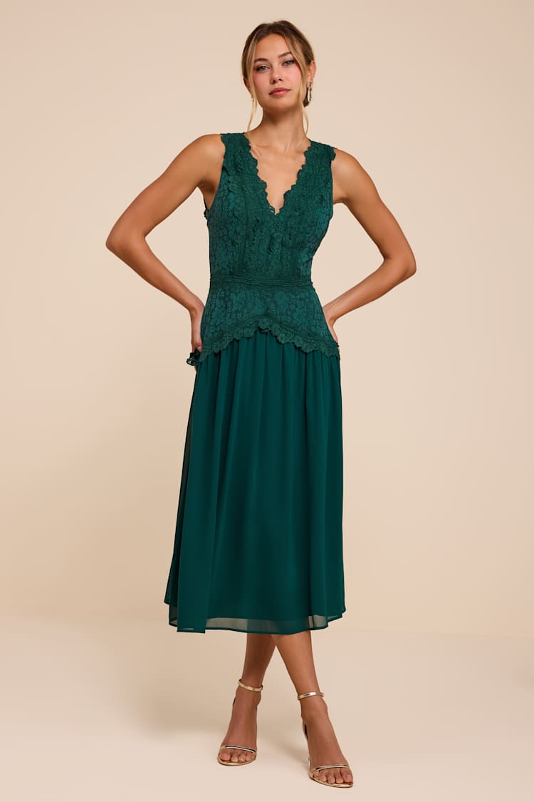 Emerald Lace Dress - Backless Midi Dress - Chiffon Lace Dress