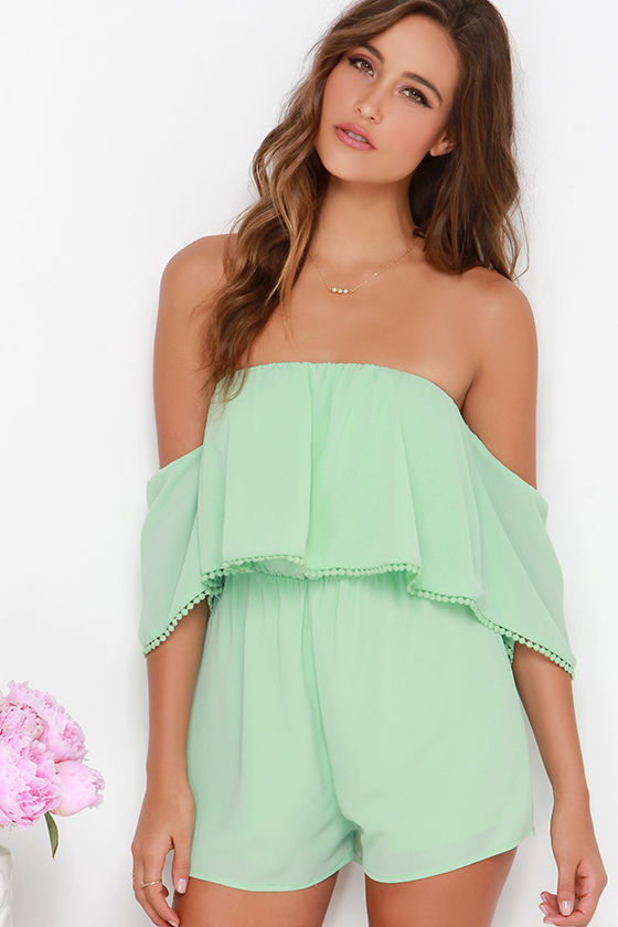 Cute Mint Green Romper OfftheShoulder Romper Pompom Romper 49.